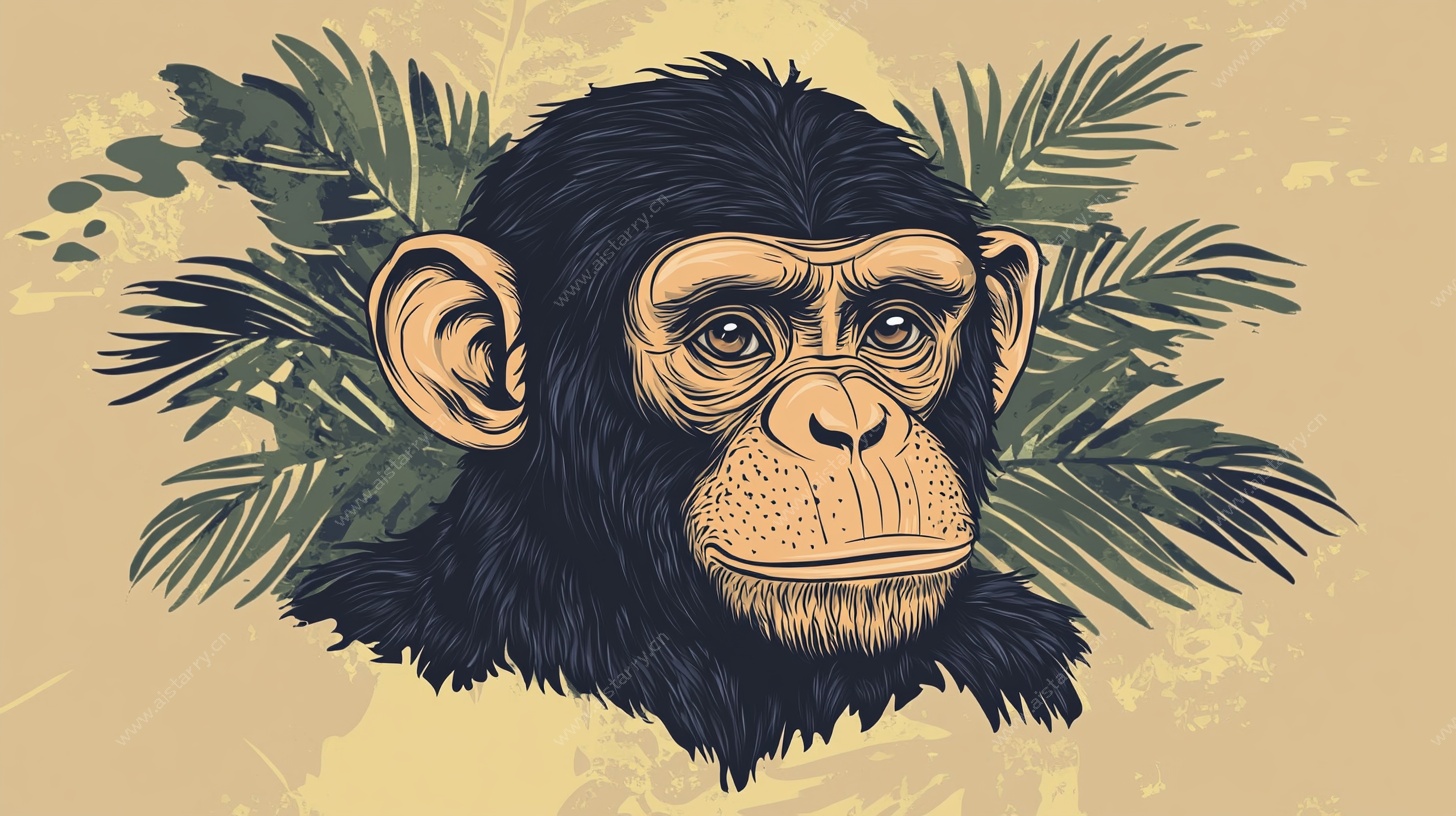 插画风黑猩猩与热带植物
