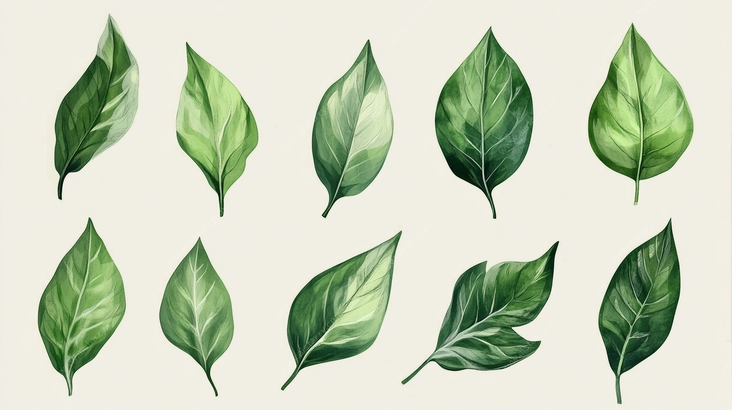 水彩绘绿色叶片集合