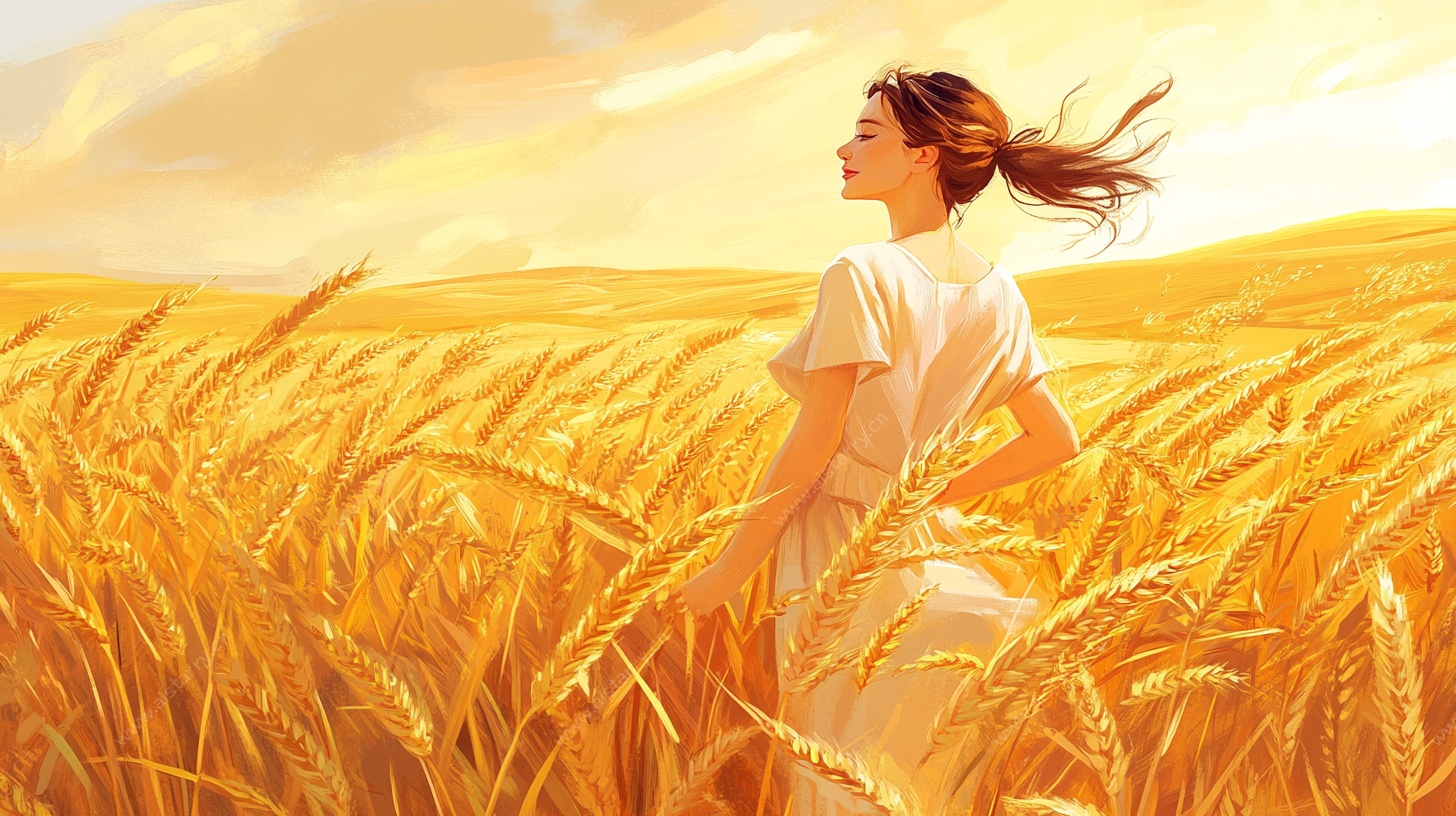 女子漫步金色麦田