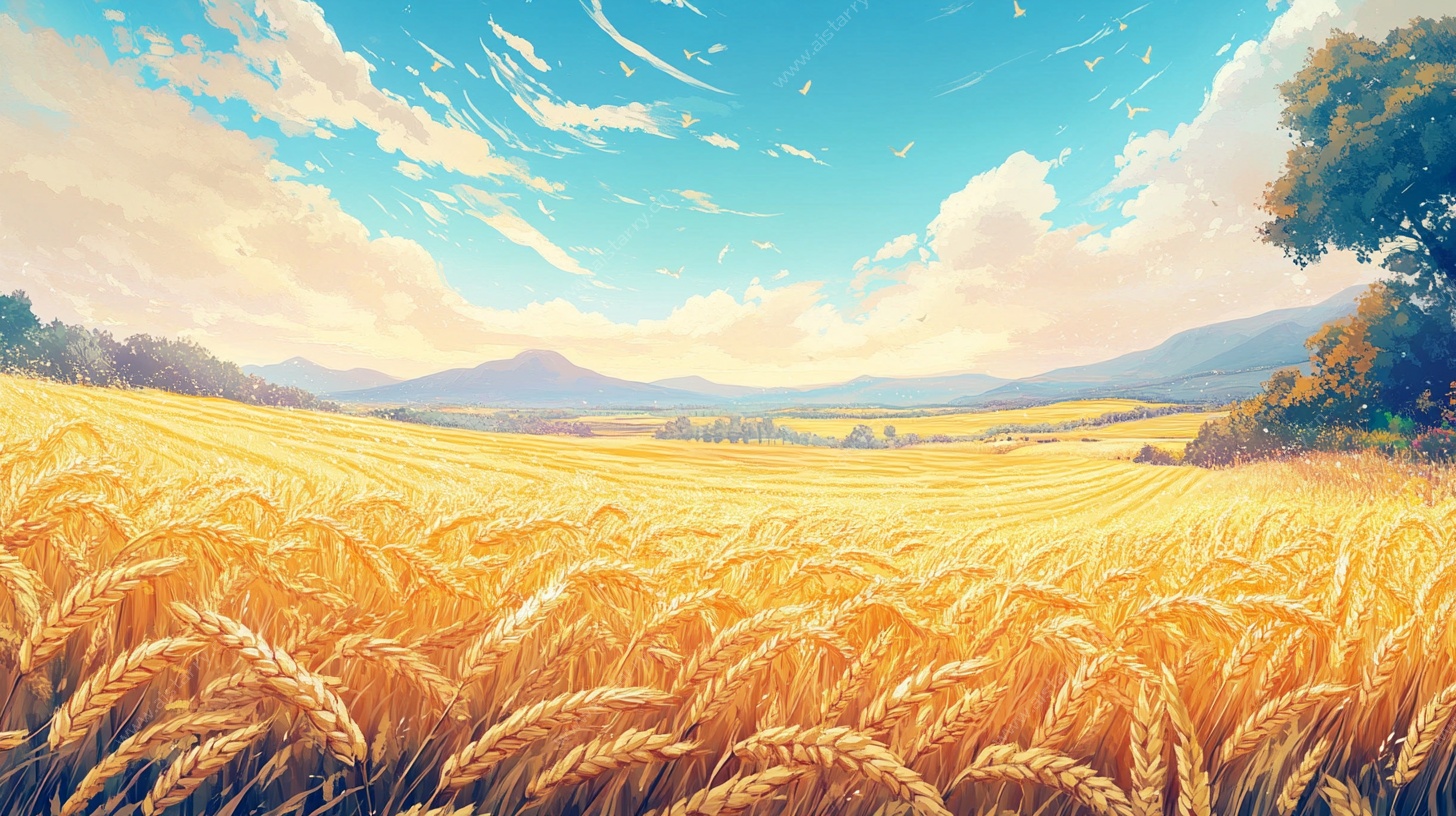 金色麦田田园风光插画