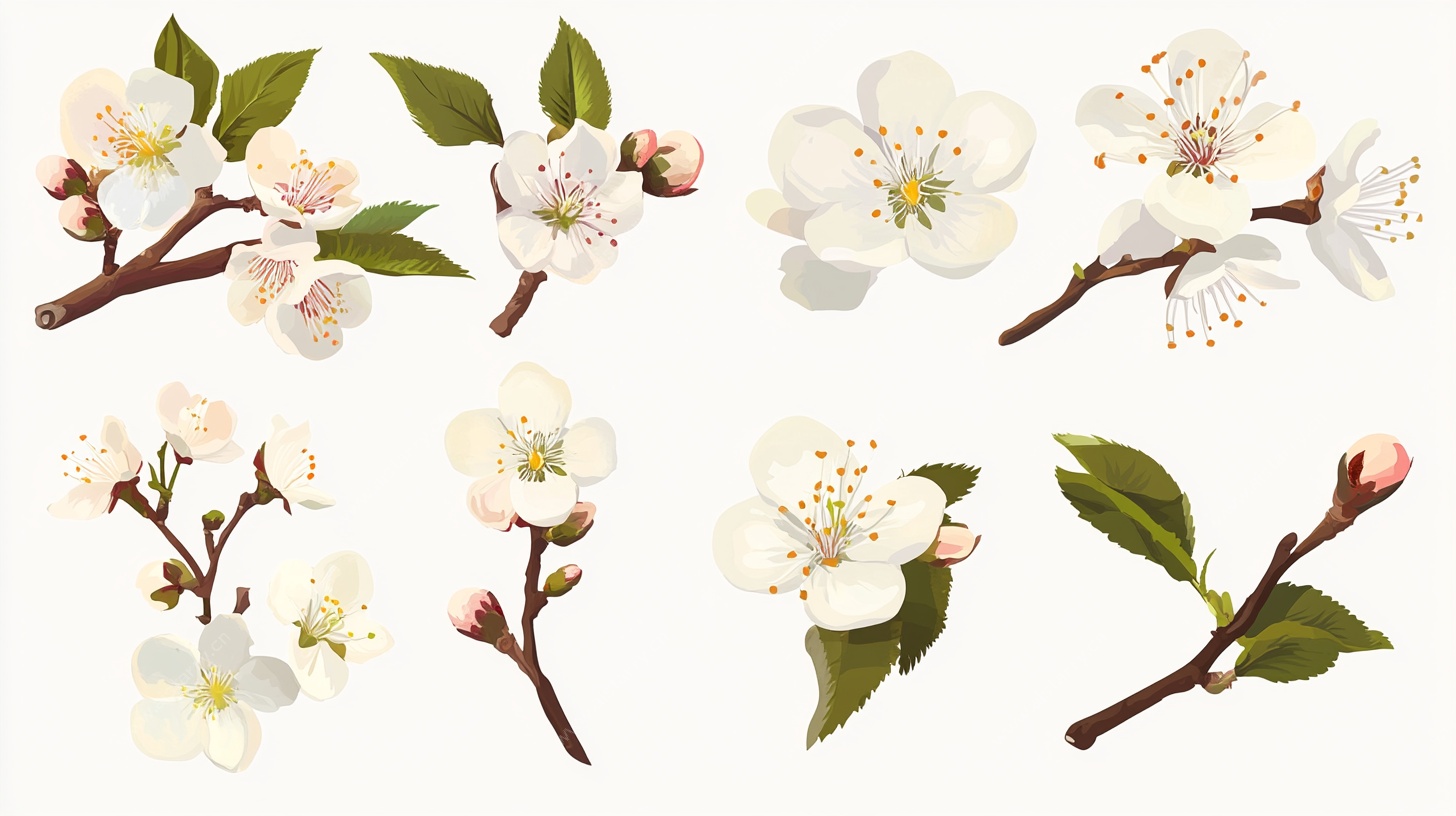 白色花朵与枝叶插画素材