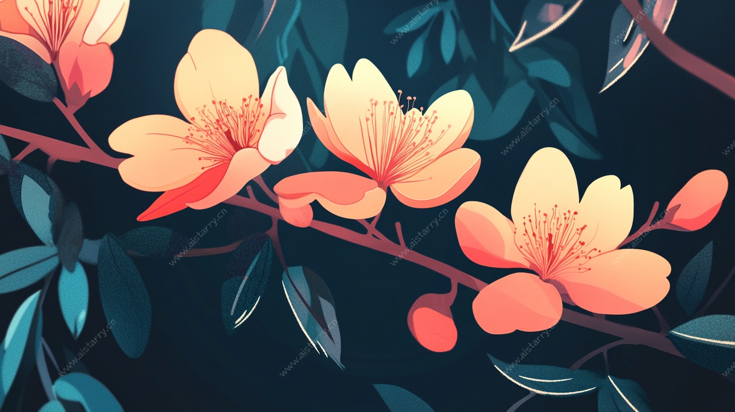 插画风盛开桃花枝